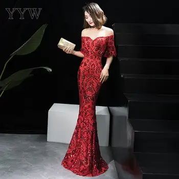 Auksas Gėlių China Off Peties Rankovėmis Varpo Prabangos Šalis Suknelė Moterims, Ilgai Seksualus Oficialų Vakare Chalatai 2020 Elegantiškas Bodycon Suknelė
