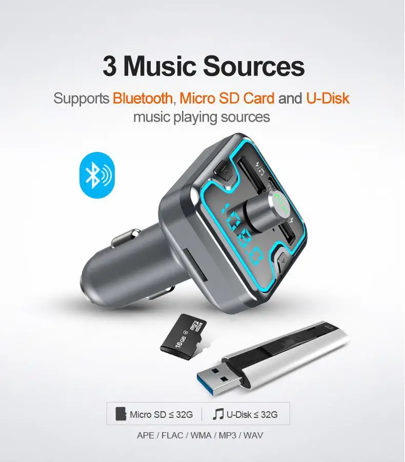 Bluetooth 5.0 FM Siųstuvas Car MP3 Muzikos Grotuvo laisvų Rankų įranga Parama TF Kortelę U-Disko QC3.0 Greito Įkrovimo