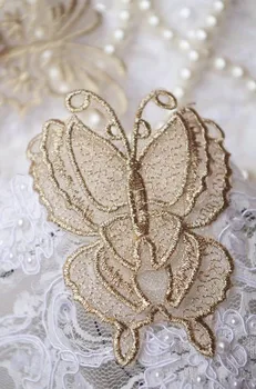 10 vienetų aukso spalvos siuvinėta nėriniais appliques nėrinių drugelis pleistrai amatai