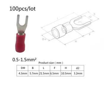 100vnt Šakutės iš Anksto izoliuoti Gnybtai Šakės tipas Šalto terminalo 0.5-1.5mm2 1.5-2.5mm2 2.5-4mm2 4-6mm2 Raudona, vario Užspaudimo