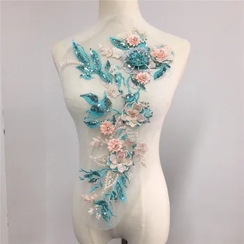1pcs išskirtinį perlą, užkarpomis 3d gėlių nėrinių aplikacijos su blizgančiais siuvinėjimo tinklelio, siuvimo audinio apdaila vakare suknelė,medžiaga