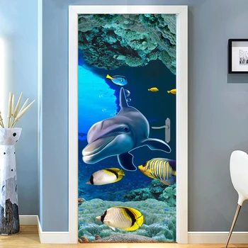 2 Vnt/Komplektas Lipnios Durų Lipdukas 3D Delfinų Tapetai, Vaikų, Miegamojo, Tualeto Durys, PVC Lipdukas Vandeniui Namų Dekoro 3D Freskos