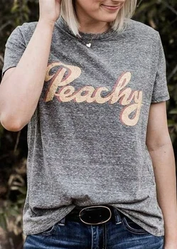 2019 m. Vasarą Moterys T-Shirt Persikas Laišką Išspausdinti O-Kaklo trumpomis Rankovėmis T-Shirt Atsitiktinis Moterų Tamsiai Pilka t shirt Ladies Viršūnes Tee