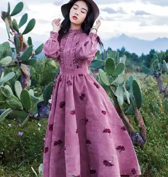 2019 Mados kilimo ir tūpimo Tako Maxi Suknelė Moterims ilgomis rankovėmis Elegantiškas Gėlių Spausdinti Gėlių Siuvinėjimas Derliaus Ilga Suknelė