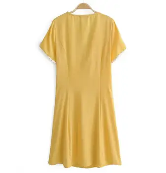 2019 Naujo Derliaus prancūzijos Spliced Nėrinių V kaklo Single-breasted Mygtukai Mini trumpą Suknelę Geltona Moterų trumpomis Rankovėmis Suknelės Vestidos