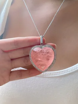 2020 32*32 mm, Širdies Rožinė Kristalų Turmalinas Sukurta Moissanite Akmuo Pakabukas Karoliai Moterų Fine Jewelry Jubiliejų Dovana