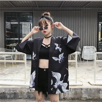 2020 Ins KARŠTO Kinų Stiliaus Balta Juoda Krano Spausdinti Laisvi Vasarą Moterys Harajuku Japonijos Mados Kimono Megztinis Azijos Drabužiai