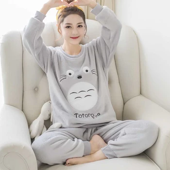 2020 m. Žiemą Storas Šiltas Flanelė Pajama Komplektai Moterims ilgomis Rankovėmis Koralų Aksomo Pyjama Mergina Mielas Animacinių filmų Totoro Sleepwear Homewear