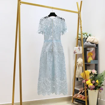 2020 metų Vasaros Dangus Mėlynas Nėrimo Gėlių Nėrinių Suknelė Moterų trumpomis Rankovėmis Raukiniai Tuščiaviduriai Iš Aukšto Juosmens Midi Ilgio Suknelė