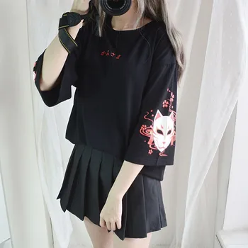2020 metų Vasaros Mados Marškinėliai moteriški Drabužiai Anime Fox Spausdinti Kryžiaus Juostelė T-shirt Moterims, Juoda Harajuku Viršūnės