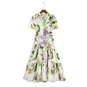 2020 metų Vasaros Moterų Vintage Suknelė trumpomis Rankovėmis Gėlių Spausdinti Sudurti Varčias, Marškiniai, Suknelės Moteriška Elegantiškas-Line Suknelė Medžiaga vestido