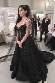 2021 juoda Nėrinių Gotikos Vestuvių Suknelės, Vestuvinės Suknelės, su Nuimamu Traukinio Valymo Traukinio Undinė Vestuvių Suknelė Vestuvių Suknelė Svečias