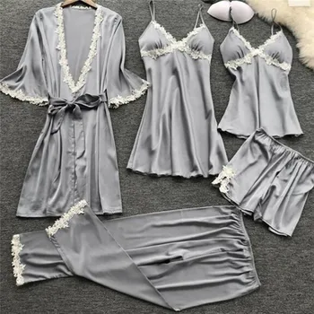 2021 Moterų Atlasas Sleepwear 5 Vnt Pižamos Sexy Nėrinių Pižama Miego Lounge 