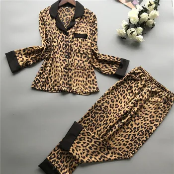 2021 Vasaros Womens Pižama Seksualus Rinkinys Leopardas Spausdinti Satin Ilgos Rankovės, Ilgos Kelnės Nustatyti Sleepwear Naktiniai Drabužiai Apatiniai Pijama Mujer