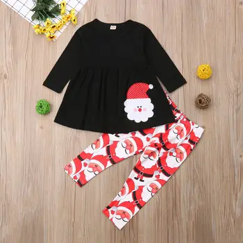 2vnt Kalėdų Mergaičių Drabužių Rinkinys ilgomis Rankovėmis Santa Claus marškinėliai Topai Tunika + Kelnės Kalėdos Komplektus, Vaikų Drabužiai