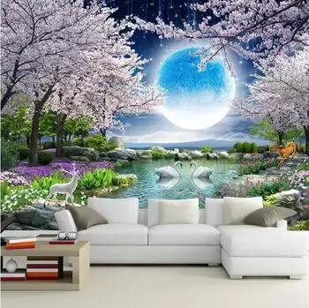 3D Sienų tapetų Mėnulis Vyšnių Žiedų Medžio Gamtos Kraštovaizdžio Sienų Tapyba Foto Tapetai Namų Dekoro Susisiekti Popieriaus Užsakymą