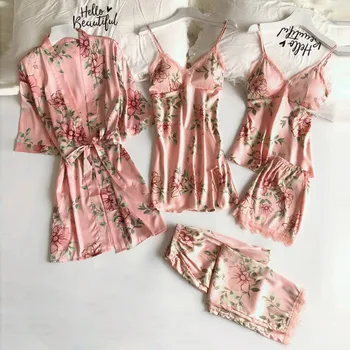 4/5PC Moterų Pižama Rinkiniai Sexy Nėrinių Satino Chalatas Chalatas Kelnės, Šortai, apatinis Trikotažas Nustatyti Pižama Sleepwear Su Krūtinės Pagalvėlės 2020 m.