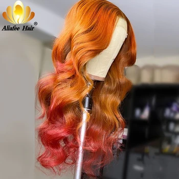 Aliafee Orange Ombre Spalvos Korpusas Banga Perukai Prieš Nupeštos Nėriniai Priekiniai Žmogaus Plaukų Perukai Ombre Remy Nėrinių Dalis Perukas Juoda Moterų