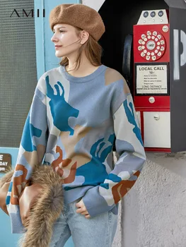 Amii pavasario tingus stilius laisvas megztinis moterims naujos kontrastingos, apvalios apykaklės bazės-vilnos megztinis (puloveris) viršūnių 11970381