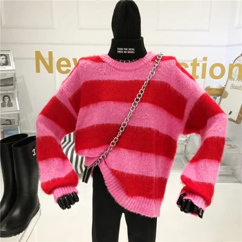 Apvalios Kaklo, ilgomis Rankovėmis Megztinis spalvos dryžuotas megztinis Moterų Rudens/Žiemos 2020 Naujas Prarasti Universalus atsitiktinis viršų