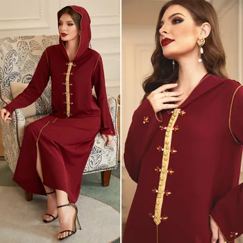 Arabų Musulmonų Suknelė Moterims Gobtuvu Diamond Ilgomis Rankovėmis Maxi Vestidos Islamo Drabužių Abaja Maroko Kaftan Musulman Ramadanas Elbise