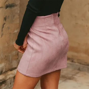 Asimetriškas varčios rišti zomšos sijonas moterims Aukšto juosmens seksualus padalinta žiemos sijonas Rudenį atsitiktinis odinis sijonas moteris