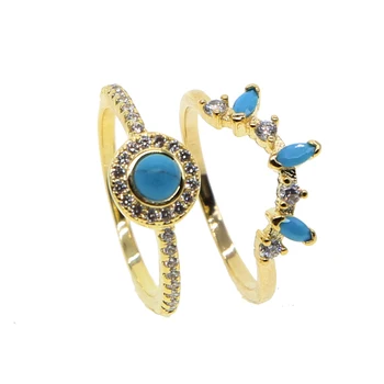 AUKSO SPALVOS papuošalų mados žiedas nustatyti nutiesti balta cz mėlyna turquoises akmens mados moterų visiškai piršto sužadėtuvių moterų žiedai