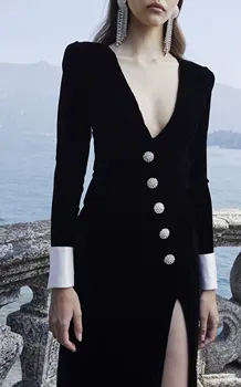 Aukštos kokybės juodas seksualus V-kaklo, ilgomis rankovėmis mados įžymybė vakarinę suknelę