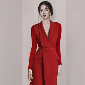 Aukštos kokybės temperamentas verslo elegantiškas vestido da festa 2019 m. Rudenį, Žiemą korėjos OLIS diržo juosmens Įpjovomis ilgomis rankovėmis Raudona suknelė