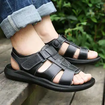 Aukštos kokybės vasaros bateliai vyrai sandalai atsitiktinis natūralios odos pagrindai kietas šlepetės slip-on paplūdimio sandalai vyrams batai sandale homm