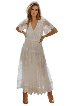 Balta Giliai V-Kaklo trumpomis Rankovėmis Šviesos Aušros Nėrinių Suknelė Maxi Ilga Suknelė Moterims Vasaros Paplūdimys Atostogų Suknelės, Plius Dydis XL
