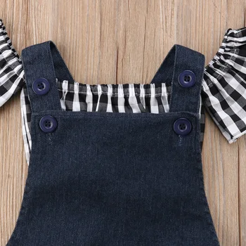 Bamblys Kids Plaid Drabužių Komplektus Baby Girl Off Peties Viršūnės T-shirt Demin Dirželis Sijonai 2vnt Komplektas