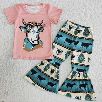 Bamblys Kūdikio Mergina Karvė Spausdinti Trumpomis Rankovėmis T-Shirt Ūkio Gyvenimo Bell Bottom Mados Kūdikių Apranga Didmeninė Boutique Drabužių