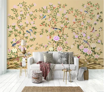 Beibehang Užsakymą tapetai, 3d foto freskomis ranka-dažytos derliaus gėlių ir paukščių fono sienos kambarį miegamojo sienos popieriaus