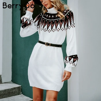 BerryGo Geometrinis spausdinti megzti moteriška suknelė Atsitiktinis moterų golfo apykaklėmis pullover sweater dress Rudens žiemos retro balta vestidos