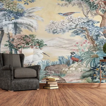 Besiūliai tapetai Aliejaus tapybos stilius, džiunglių gėlės ir paukščiai, pavyzdys fone sienų tapyba