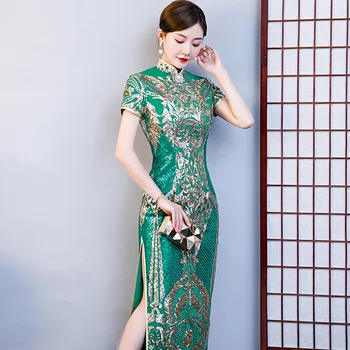 Blizgučiai Žalia Plius Dydis 5XL Kinijos Derliaus Lady Qipao Mados Rankų darbo Mygtuką Cheongsam Naujovė Kinijos Oficialų Suknelė