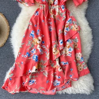 Boho 2021 slim v kaklo ruffles gėlių spausdinti Midi ilgio Suknelė Vasarą Šalies Moterų Atsitiktinis, nereguliarus suknelė elegantiškas Paplūdimio atostogų suknelė