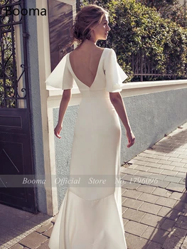 Booma-line Satininiu Šifono Vestuvių Suknelės Bohemijos Vestuvinės Suknelės Bžūp Rankovėmis Paplūdimio Vestuvių Suknelė Princesė Šalis Suknelė su Split