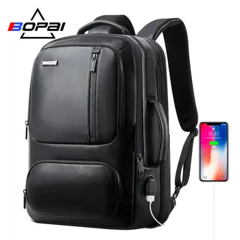 BOPAI natūralios Odos Kuprinė Vyrų Laptop Backpack for 15.6 Colių USB Įkrovimo lizdas Padidinti Verslo Kuprinė Kovos Vagystės Kuprinė