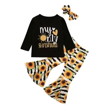 Boutique Vaikas Drabužius 3PCS Bamblys Vaikams Baby Girl Drabužiai Set Top ilgomis Rankovėmis marškinėliai Kelnės +Lankelis Komplektus Tracksuit