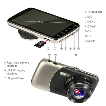 Brūkšnys fotoaparato Automobilių DVR 4 colių Baltos spalvos automobilio galinio vaizdo veidrodėliai Skaitmeninis Vaizdo įrašymo įrenginys Auto Registrator FHD vaizdo Kamera 1080P galinio vaizdo Kamera
