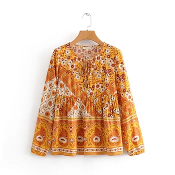 Chu Sau grožį Naujas 2019 Mados Boho Stiliaus Gėlių Spausdinti Marškinėliai Moterims Derliaus Prašmatnus O-kaklo peteliškę Palaidinės Moterų Camisa De Moda