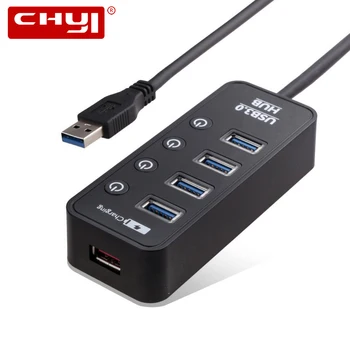 CHYI USB 3.0 HUB USB-A 4 Port 3.0 Su Smart Greito Įkrovimo LED ON/OFF Jungiklis Išorės DC 5V/2A Maitinimo Adapteris, Splitter