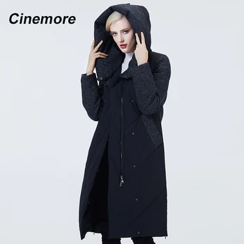 Cinemore 2020 Nauja, Moterų ilgas puffer coat Mados asmenybės Žemyn striukė Sujungimas Tamsiai kontrastas plius Kailis žiemą moterys 2081