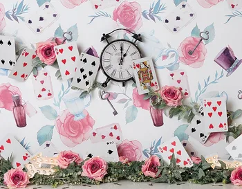 Colorwonder Alice in Wonderland Pink Rose Mėlyna Puodeliai Nuotrauka Fone Retro Laikrodis su lošimo Kortos ir Gėlių Fonas Vaikams