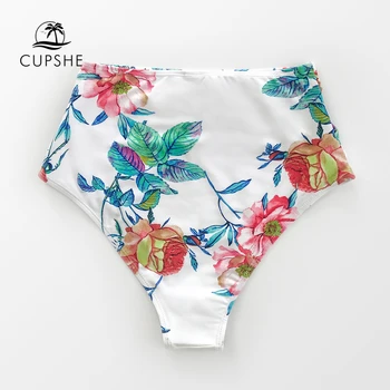 CUPSHE Baltųjų Gėlių Shirring paaukštintu liemeniu Bikini Bottom Moterų Sexy Vieną Kelnaitės Trumpikės 2021 Atskiras Maudymosi Apačioje maudymosi Kostiumėliai