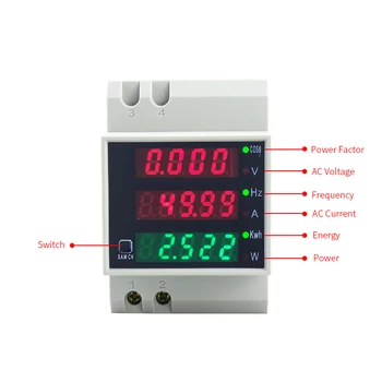 D52-2058 Wattmeter Din bėgelio Voltų srovės Matuoklis, Galios Faktoriaus skaitmeninis matuoklis AC80-300V multi-funkcija kwh Hz matuoklis 0-100A
