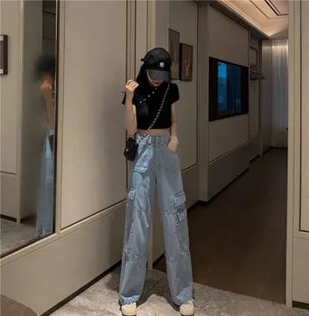Derliaus Pločio Kojų Moteris, Džinsai High Waisted Džinsai Korėjos Streetwear Kišenės Džinsinio Audinio Kelnės Mėlynos Spalvos Ilgos Kelnės Atsitiktinis