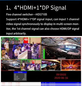 DeviceWell Mikro vaizdo 5CH switcher maišytuvas 4CH+1CH-DP HDS7105-V21 PGM PVW Multi-view MIX live transliacijos VS Blackmagic Atem